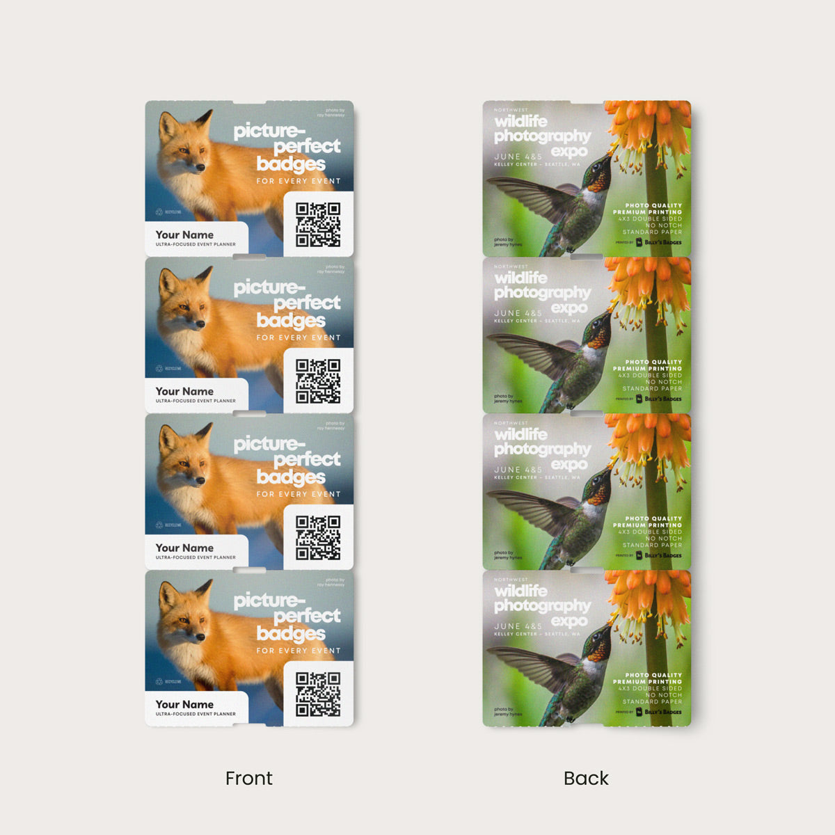 Elevate your brand with our 4x3 double-sided eco-friendly custom event badges. Crafted from premium 9.5 pt direct thermal paper, these personalized event badges offer durability and bring your designs to life with stunning detail and clarity.