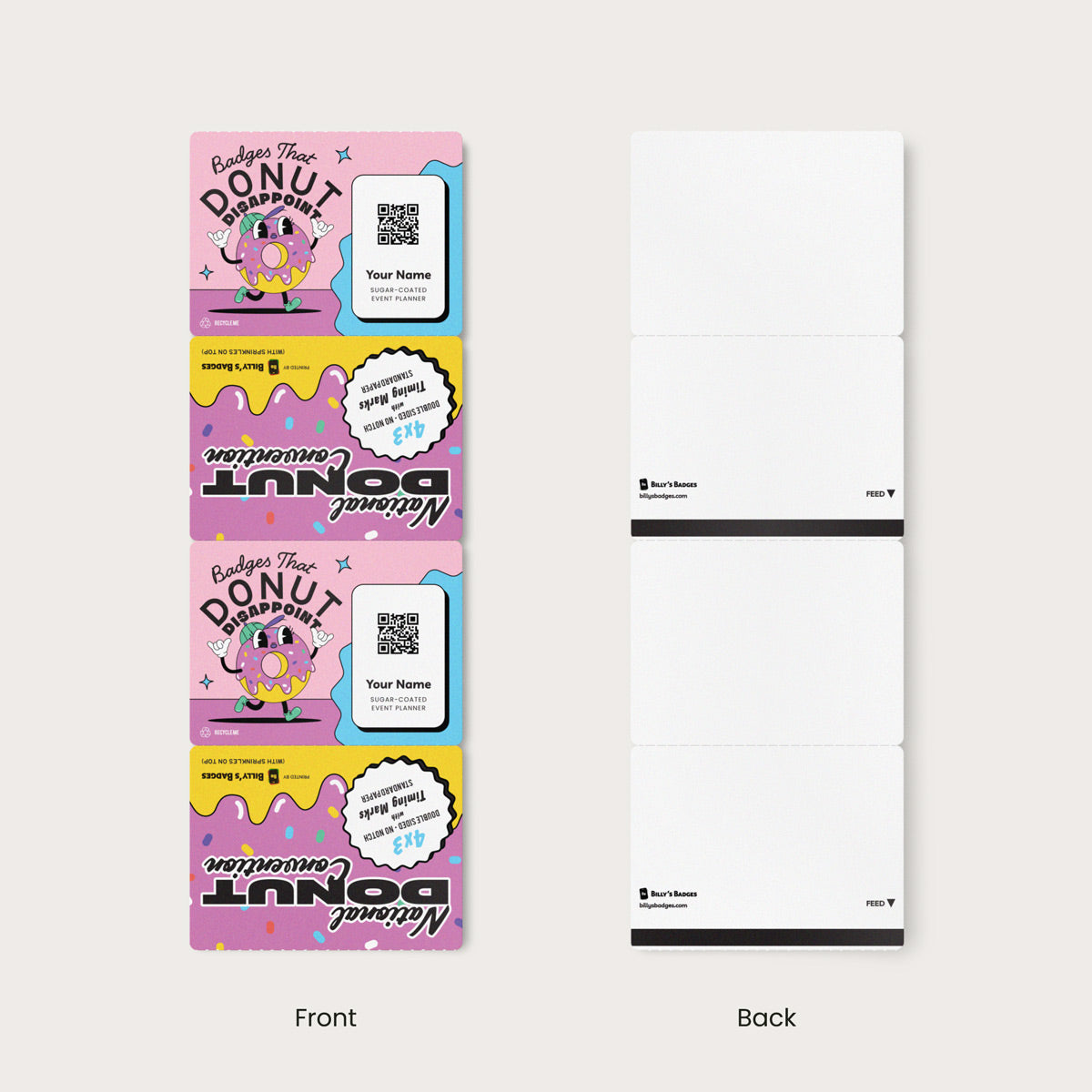 Elevate your conference with our 4x3 double-sided eco-friendly custom event badges. Crafted from premium 9.5 pt direct thermal paper, our event name badge printing offers sustainability, durability while bringing your designs to life with stunning detail and clarity.