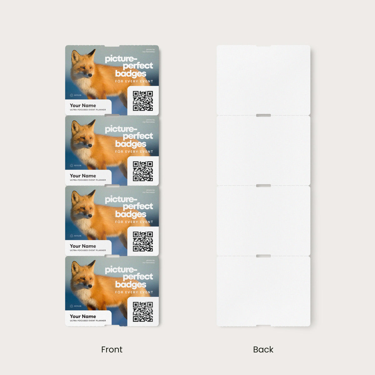 Elevate your brand with our 4x3 single-sided eco-friendly custom event badges. Crafted from premium 9.5 pt direct thermal paper, these personalized event badges offer durability and bring your designs to life with stunning detail and clarity.