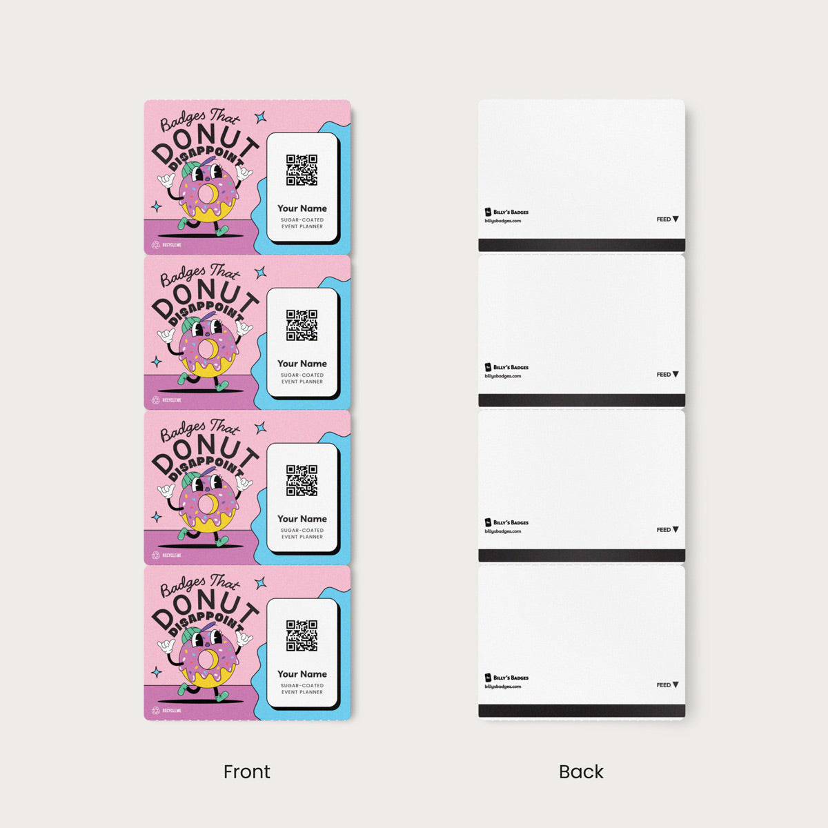 Elevate your brand with our 4x3 single-sided, eco-friendly custom event badges. Crafted from premium 9.5 pt direct thermal paper, our event name badge printing offers sustainability, durability while bringing your designs to life with stunning detail and clarity.