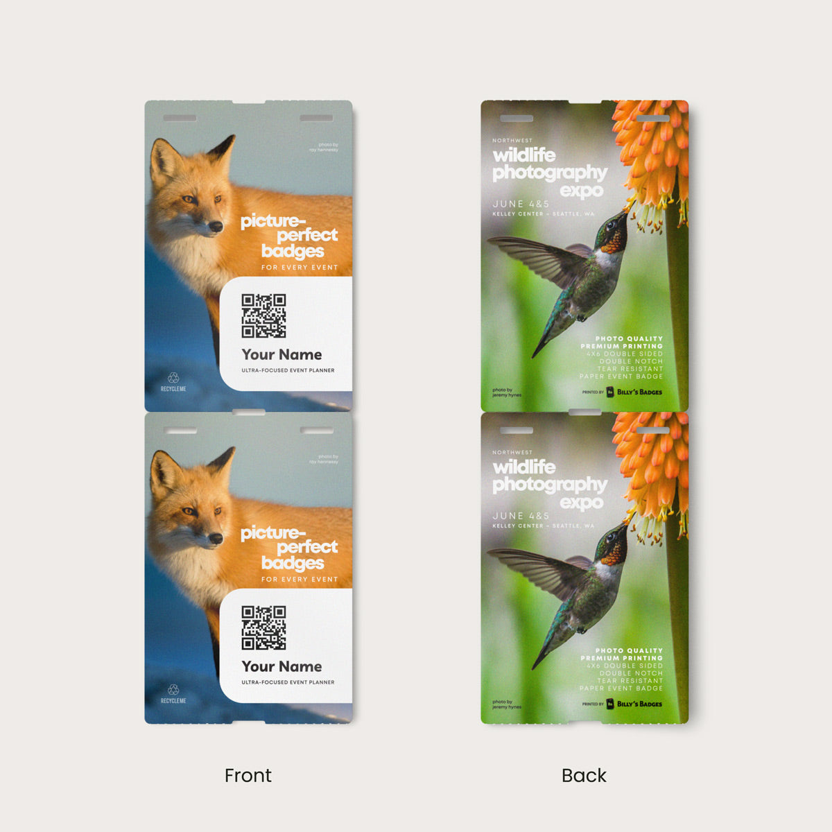 Elevate your promotional event, corporate conference, or trade show with our 4x6 vibrant, high-quality double-sided, double notch custom event badges. Crafted from premium 9.5 pt direct thermal paper featuring eco-friendly event badge printing, these durable personalized event badges showcase your designs with stunning detail and clarity.