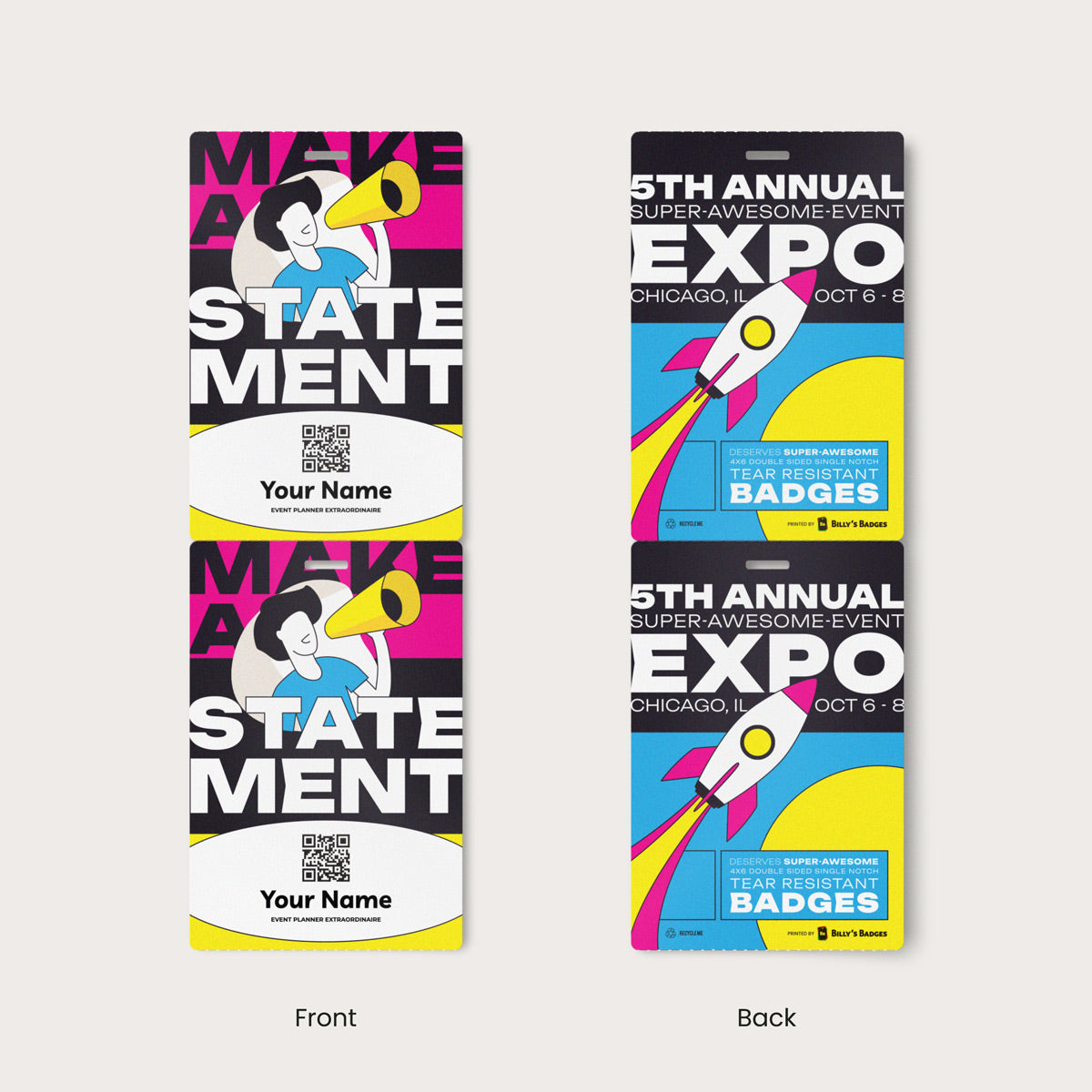 Elevate your promotional event, corporate conference, or trade show with our 4x6 vibrant, high-quality double-sided, single notch custom event badges. Crafted from premium 9.5 pt direct thermal paper featuring eco-friendly event badge printing, these durable personalized event badges showcase your designs with stunning detail and clarity.
