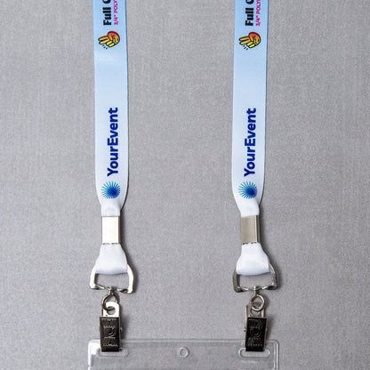 Elevate your brand with our custom badge lanyards. Crafted from premium polyester satin material, our double bulldog conference lanyards offer durability and bring your designs to life with stunning detail and clarity. Eco-friendly options available.