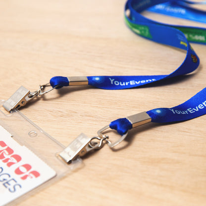 Elevate your brand with our personalized conference lanyards. Crafted from recycled bottles, our eco-friendly event lanyards feature a double bulldog clip attachment, offering durability and bringing your designs to life with stunning detail and clarity.