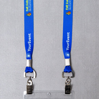 Elevate your brand with our personalized conference lanyards. Crafted from recycled bottles, these eco-friendly event lanyards feature a double bulldog attachment, offering durability and bring your designs to life with stunning detail and clarity.